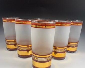 Mid Century 22k Gold and Maroon Banded Frosted Tumblers.