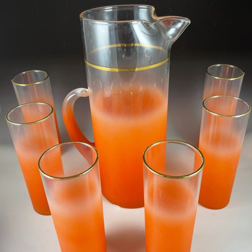 Shops West Virginia Glass Company Blendo Peach And Gold Pitcher and Tom Collins Set
