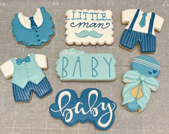 Custom personalized birthday baby shower little man royal icing decorated cookies favors