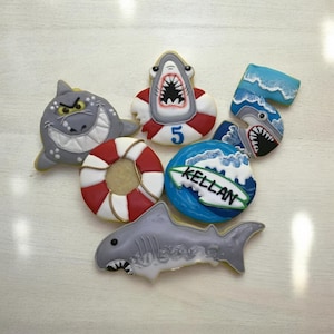 Custom personalized shark party pool party royal icing decorated sugar cookies favors