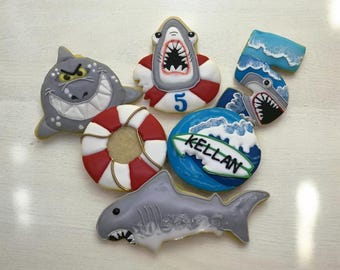 Custom personalized shark party pool party royal icing decorated sugar cookies favors