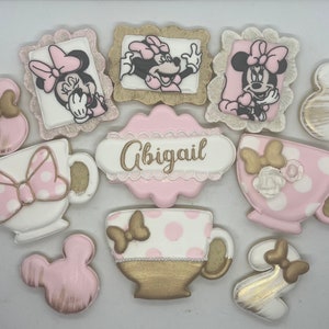Custom pink Minnie Mouse birthday tea party boho baby shower personalized decorated sugar cookies