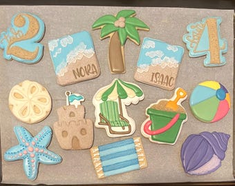 Custom personalized beach sand pool vacation   birthday royal icing decorated cookies favors