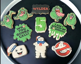 Custom personalized royal icing decorated ghostbusters inspired cookies birthday favors