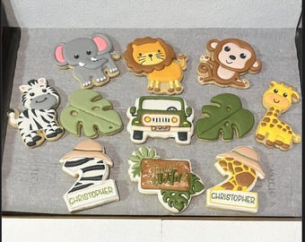 Custom personalized jungle zoo animal safari royal icing decorated birthday shower sugar cookies wild one two wild wild and three favors