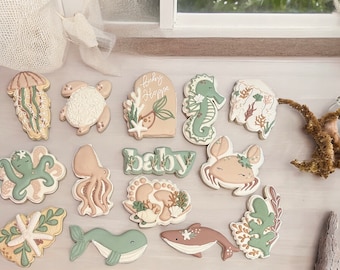 One dozen custom baby shower birthday party royal icing decorated under the sea creatures critters cookies favors