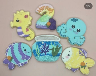 Custom aquarium fishies under the sea personalized custom birthday baby shower decorated sugar cookies favors