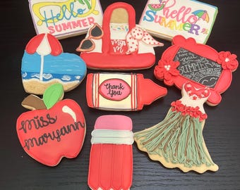 Custom Royal Icing Sugar Cookies: Teacher, Back to School, Summer (1 Dozen)