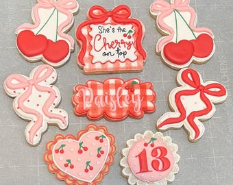 Customized personalized colors birthday girl boy cherry on top royal icing decorated sugar cookies favors