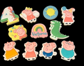 Custom personalized pig family theme royal icing decorated sugar cookies for birthday shower party