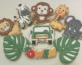 Custom personalized jungle zoo animal safari royal icing decorated birthday shower sugar cookies wild one two wild wild and three