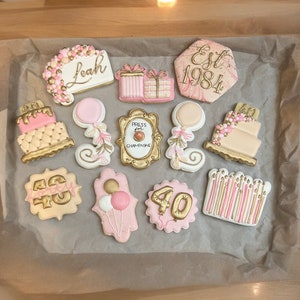 Custom color scheme classy elegant neutral marble 30, 40, 50, 60 milestone birthday theme royal icing decorated sugar cookie collection