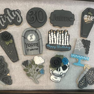 1 Dozen death to my age 20, 30, 40 skull coffin gravestone theme royal icing decorated sugar cookie collection favors