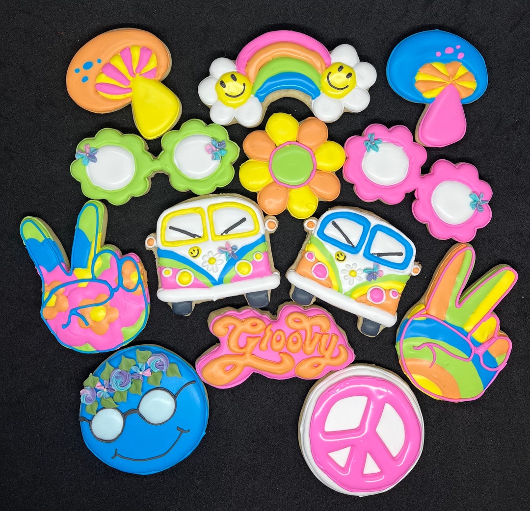 Custom Personalized Royal Icing Peace Love Happiness Hippie Theme Sugar ...