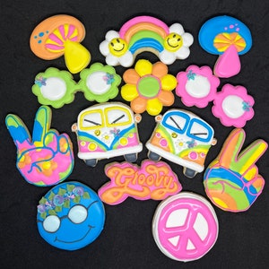 Custom personalized royal icing peace love happiness hippie theme sugar cookies favors