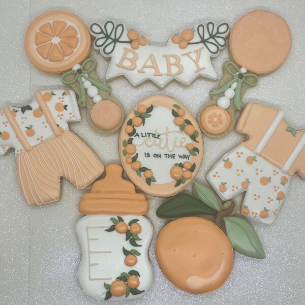 Custom personalized a little cutie is on the way  turning 1 2 3 decorated royal icing sugar cookies for baby shower party