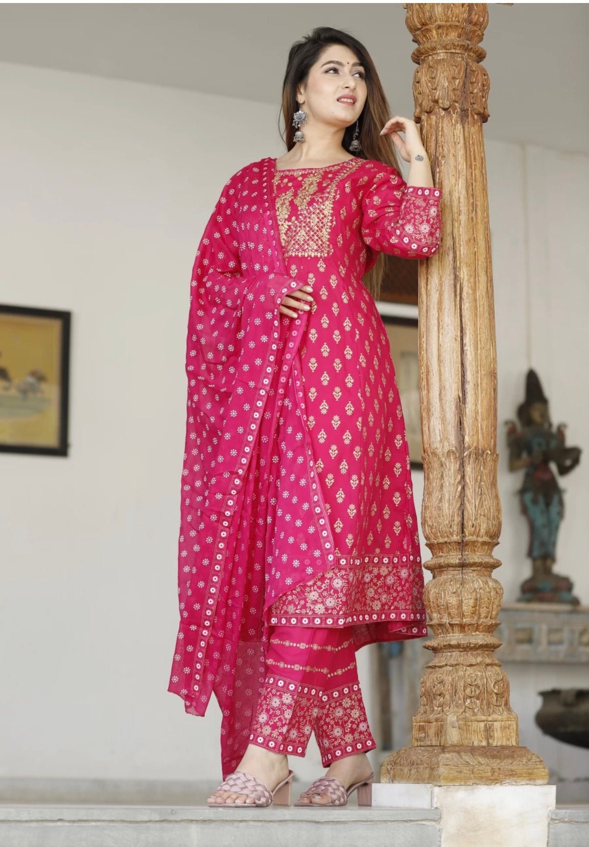 Festive Wear Muslin Silk Rani Color Kurti