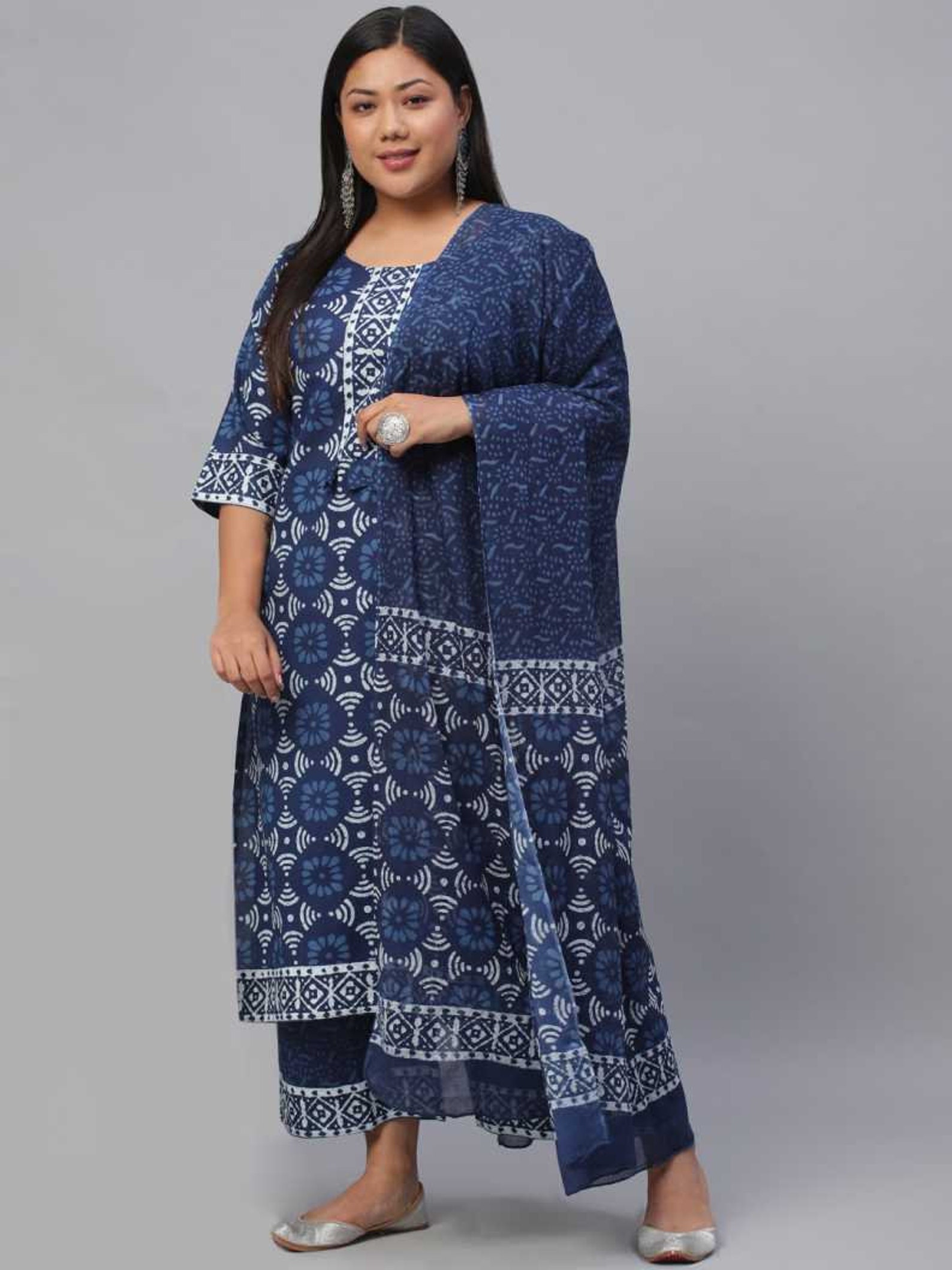 Plus Size Kurta palazzo dupatta set Women blue cotton Printed | Etsy