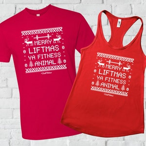 Merry Liftmas Ya Fitness Animal Workout Tank or Tshirt, ClubFitwear, Racerback Tank (wh13)