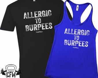 May include: Black crew neck t-shirt and royal blue racerback tank top with the text "ALLERGIC TO BURPEES" in distressed white lettering. The brand logo "CFW" is in the lower left corner.