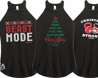 May include: Three black tank tops with a Christmas theme. The first tank top has a red and white snowflake design with the text "BEAST MODE". The second tank top has a green Christmas tree design with the text "SQUATS, PUSHUPS, KETTLEBELL SWINGS, LEG LIFTS, LUNGES, PULLUPS, BOX JUMPS, Merry Liftmas". The third tank top has a red and white kettlebell design with the text "CHRISTMAS STRONG".