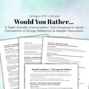 Op de afbeelding: Een bewerkbaar PDF-document van 14 pagina's getiteld Would You Rather... A Teen-friendly Conversation Tool Designed to Spark Connection in Group, Reflection & Deeper Discussion. De pagina's bevatten secties over emoties en identiteit.