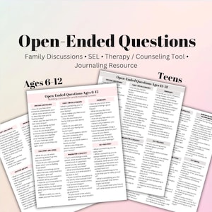 May include: A set of printable worksheets with open-ended questions for family discussions, therapy, and counseling. The worksheets are designed for different age groups: ages 6-12 and teens. The worksheets are colorful and feature a pink and peach gradient background.