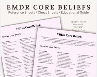 May include: Two pages of printable reference sheets for EMDR therapy. The sheets list positive and negative core beliefs. The text includes phrases like "I can trust others" and "I am not good enough".