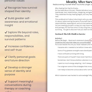 Pode incluir: Uma p&aacute;gina de caderno de exerc&iacute;cios intitulada Identity After Surviving com texto sobre a redescoberta pessoal, ao lado de uma lista de benef&iacute;cios incluindo a reconex&atilde;o com valores pessoais e o desenvolvimento da autoconsci&ecirc;ncia.