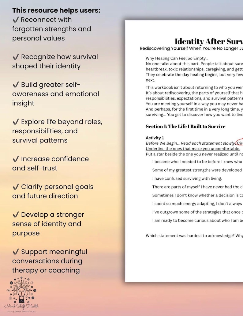 Pode incluir: Uma p&aacute;gina de caderno de exerc&iacute;cios intitulada Identity After Surviving com texto sobre a redescoberta pessoal, ao lado de uma lista de benef&iacute;cios incluindo a reconex&atilde;o com valores pessoais e o desenvolvimento da autoconsci&ecirc;ncia.