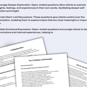 May include: A document with a list of key techniques and strategies for open-ended questions. The document includes a section on scaling questions, stages of change model, and reflective questions.