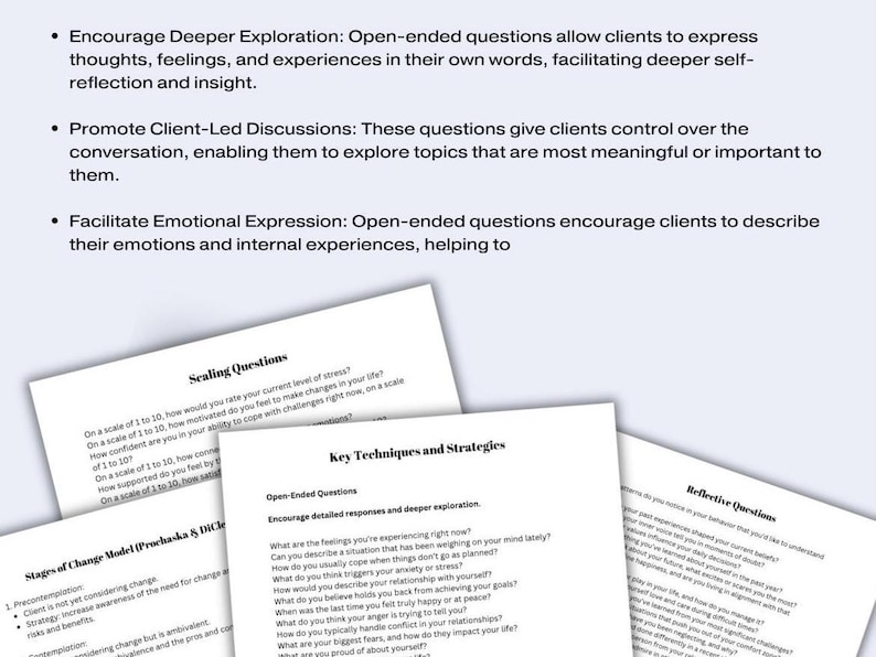 May include: A document with a list of key techniques and strategies for open-ended questions. The document includes a section on scaling questions, stages of change model, and reflective questions.