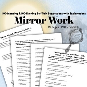 May include: A collection of self-help worksheets and guides titled "Mirror Work" with text including "100 Morning & 100 Evening Self Talk Suggestions" and "200 Self Care Prompts." A decorative hand mirror is also included.