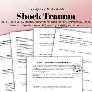 May include: A digital download titled "Shock Trauma" with 15 pages of editable worksheets. The worksheets help clients identify, understand, and process traumatic experiences. The cover features the title in bold black letters over a pink background.