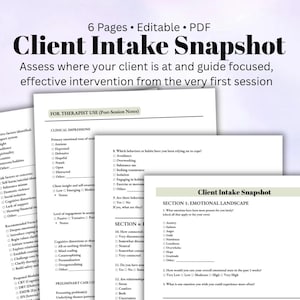 May include: A set of editable PDF client intake forms. The forms cover clinical impressions, emotional landscape, and preliminary case considerations. These forms are designed for therapists to assess clients.