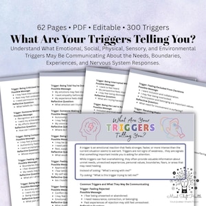 Könnte beinhalten: Ein 62-seitiges digitales PDF-Dokument mit dem Titel What Are Your Triggers Telling You? mit 300 Auslösern. Die Seiten enthalten Listen emotionaler, sozialer, körperlicher, sensorischer und umweltbedingter Auslöser mit möglichen Botschaften.