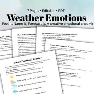 May include: A stack of white paper pages with the title "Weather Emotions" in large black letters. The pages contain prompts for emotional check-ins, including sections on forecasting and understanding feelings. The image is a PDF document.