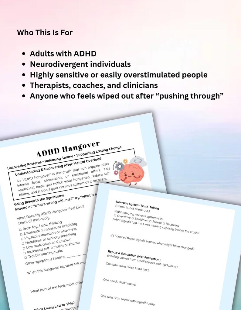 ADHD Hangover Recovery Worksheet Overstimulation & Burnout Support ...