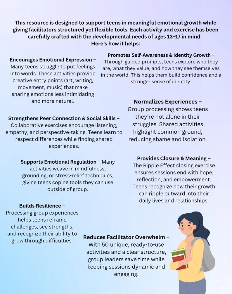 Puede incluir: Un gr&aacute;fico informativo con texto que describe un recurso para adolescentes de 13 a 17 a&ntilde;os. El recurso tiene como objetivo apoyar el crecimiento emocional a trav&eacute;s de actividades que fomentan la expresi&oacute;n, la autoconciencia, la conexi&oacute;n con pares y la resiliencia. Una chica de dibujos animados est&aacute; a la derecha.