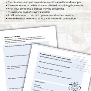 May include: Two worksheets with text about emotional well-being. The top sheet lists topics like emotional defenses and safe self-expression. The bottom sheets have fill-in-the-blank questions about personal experiences and beliefs. The Mind Shift Health logo is visible.
