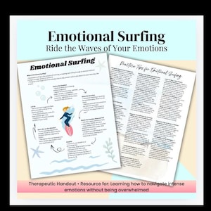 May include: A printable handout titled "Emotional Surfing: Ride the Waves of Your Emotions" with a graphic of a person surfing on a wave. The handout provides tips for managing emotions and includes the text "What is Emotional Surfing?" and "Practice Tips for Emotional Surfing".