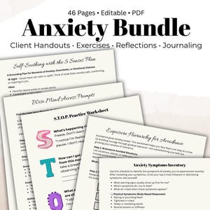 以下が含まれることがあります： 「Anxiety Bundle」というタイトルの印刷可能なワークシートのセットで、「Client Handouts, Exercises, Reflections, Journaling」というテキストが含まれています。ワークシートには、自己鎮静、S.T.O.P.の実践、回避のためのエクスポージャー階層のプロンプトが含まれています。バンドルは46ページで編集可能です。