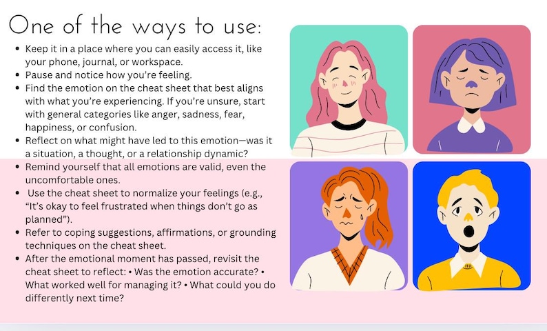 K&ouml;nnte beinhalten: Eine farbenfrohe Infografik mit Illustrationen von Menschen, die verschiedene Emotionen ausdr&uuml;cken. Der Text erkl&auml;rt, wie man eine Spickzettel verwendet, um Emotionen zu bew&auml;ltigen. Der Text enth&auml;lt den Satz "One of the ways to use:"