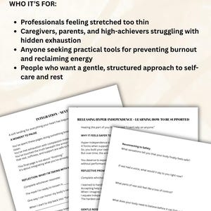 May include: White printed worksheets with text about self-care, burnout prevention, and reclaiming energy. The text includes "WHO IT'S FOR:" and bullet points listing professionals, caregivers, and those seeking practical tools. The worksheets are on a light background.