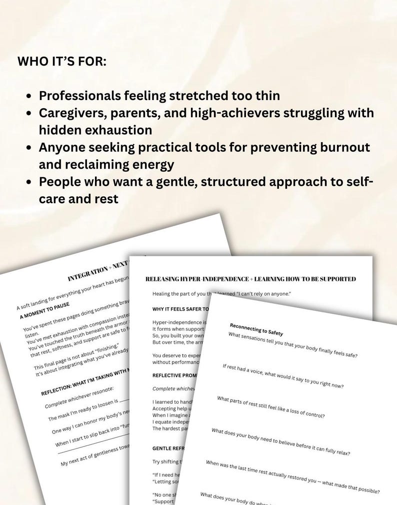 May include: White printed worksheets with text about self-care, burnout prevention, and reclaiming energy. The text includes "WHO IT'S FOR:" and bullet points listing professionals, caregivers, and those seeking practical tools. The worksheets are on a light background.