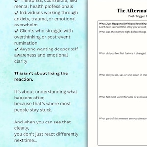 May include: A white worksheet titled "The Aftermath" with prompts for self-reflection. Text on the left side lists who the worksheet is for, including therapists and individuals dealing with anxiety. The worksheet focuses on understanding reactions.