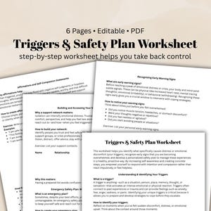 May include: A PDF worksheet titled "Triggers & Safety Plan Worksheet" designed to help manage emotional distress. It includes sections on identifying triggers, recognising early warning signs, and creating a personal safety plan.