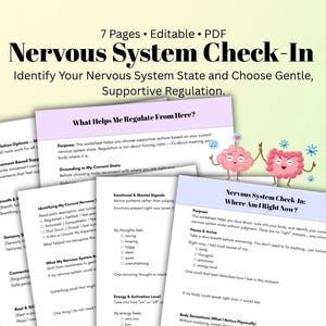 May include: A printable PDF worksheet titled "Nervous System Check-In" with the text "Identify Your Nervous System State and Choose Gentle, Supportive Regulation." The document includes sections on regulation, grounding, and emotional signals. Two cartoon brain and intestine characters are shown.