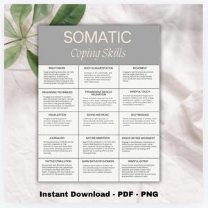 Pode incluir: Um gráfico imprimível com fundo cinza claro e texto preto, intitulado "Habilidades de enfrentamento somático". O gráfico é dividido em uma grade de 12 quadrados, cada um com uma habilidade de enfrentamento diferente, como respiração, técnicas de aterramento, visualização, meditação de escaneamento corporal, relaxamento muscular progressivo, som e música, movimento, toque consciente, automassagem, diário, estimulação tátil, imersão na natureza, banhos quentes ou chuveiros, dança ou movimento livre e alimentação consciente.