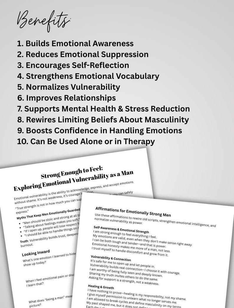 May include: Image features a list of benefits, including building emotional awareness and improving relationships. Below, two pages of text discuss emotional vulnerability in men, with affirmations for emotional strength and healing. The text is in black font.
